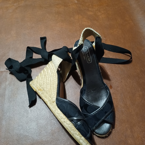 Coach Platfrom Wedges Ankle Lace Leg Tie Up Black Coach Print Canvas/Leather - Picture 2 of 3